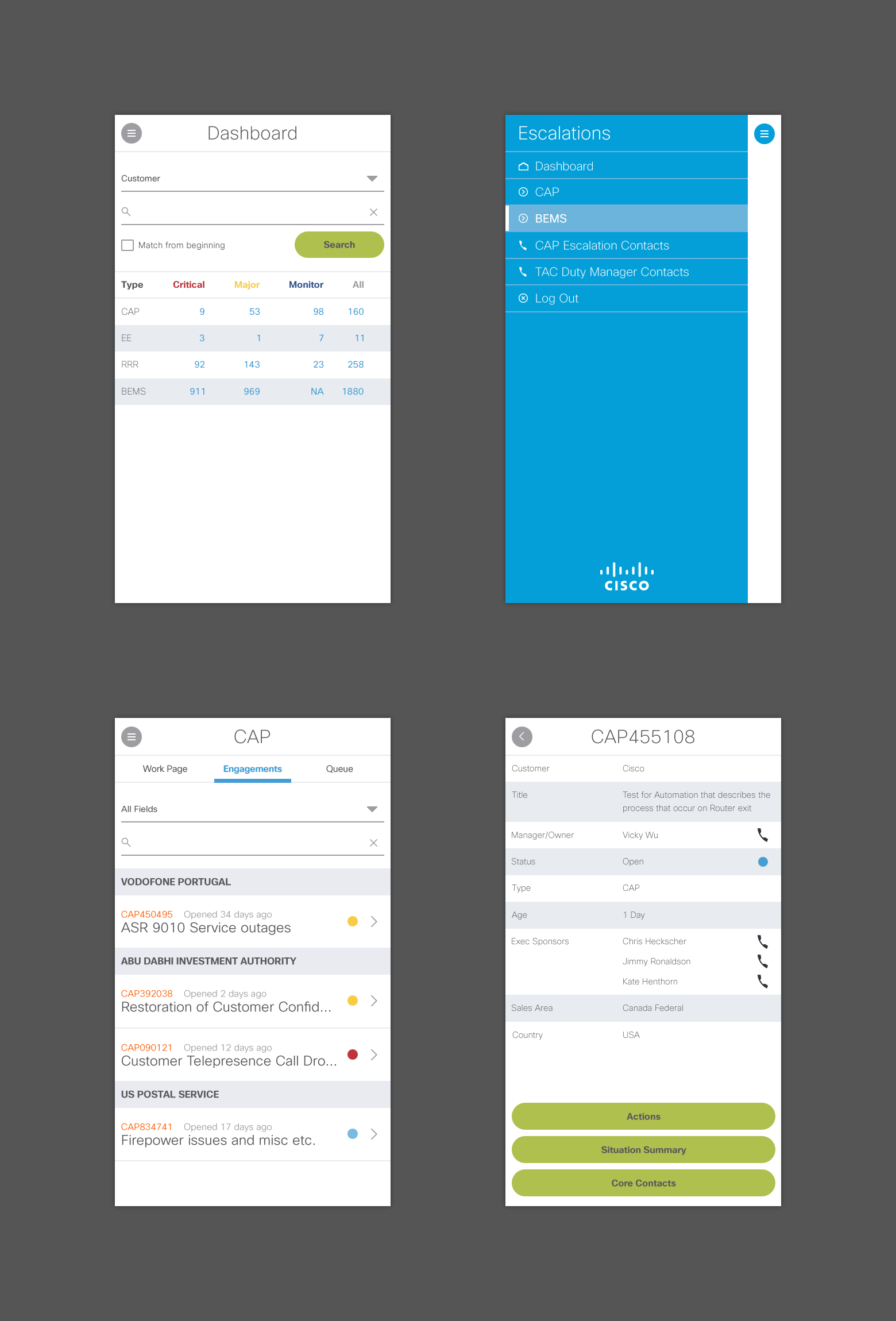 Four atlantic mobile mockups. Each screen depicts a different part of a escalation management system