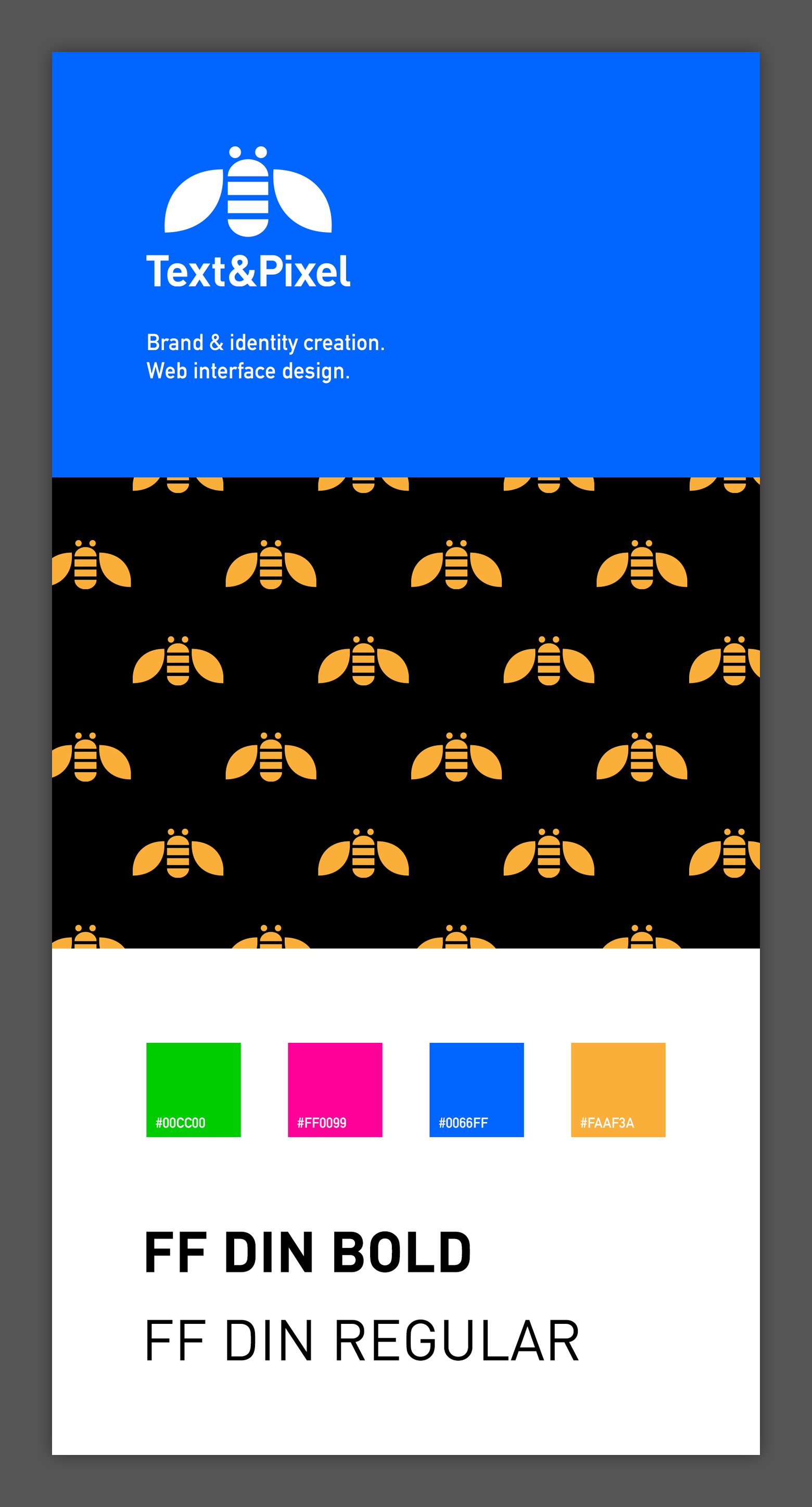 Text&Pixel identity card with logo, primary colours and a pattern of goldan bees against a black background